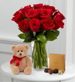 1 Dozen Long Stem Red Roses with Bear & Godiva� - VASE INCLUDED