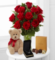 1 Dozen Long Stem Red Roses with Bear, Heart Pendant & Godiva� - VASE INCLUDED